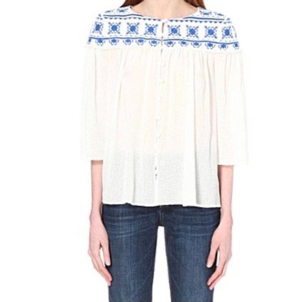 Chic White Blouse with Blue Embroidery NWOT